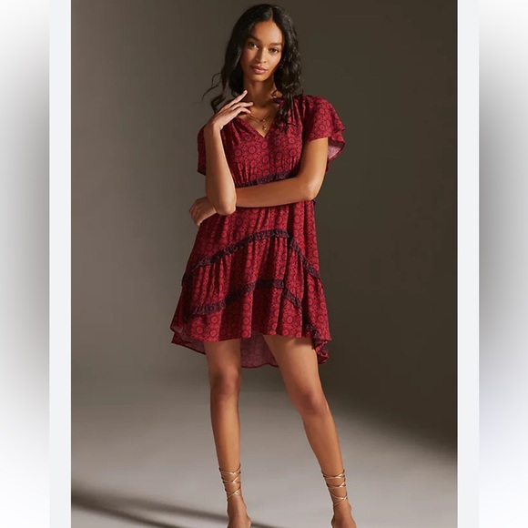 Anthropologie Dresses & Skirts - ANTHROPOLOGIE Robin Tiered Ruffle Dress in Red Floral Print size XS